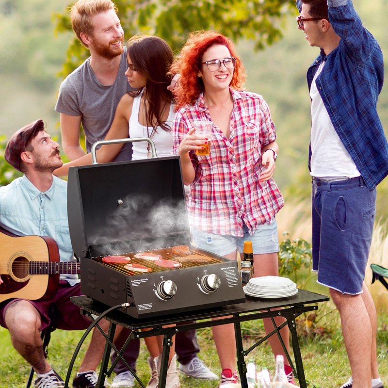 Barbecue au propane à 2 brûleurs, extérieur portatif. Pieds pliables, couvercle à fumée, thermomètre. Noir, convient au camping, au pique-nique, au barbecue dans la cour arrière et polyvalent. Convient
