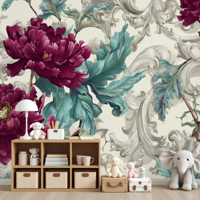 Papier peint baroque pelez et collez, aquarelle douce, pivoine, arrangement métallique, faits saillants, peintures murales, H 69 po x l 96 po, amovible, papier mural en PVC, décoration murale auto-adhésive pour chambre à coucher, bureau à domicile