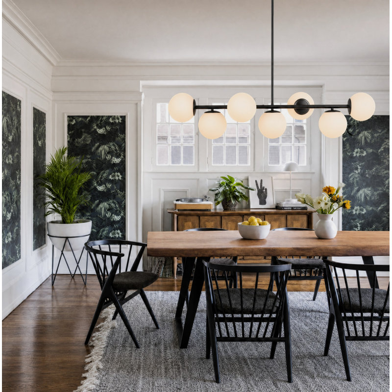 7-Light Glass Globe Modern Black Linear Chandelier for Dining Room, Black