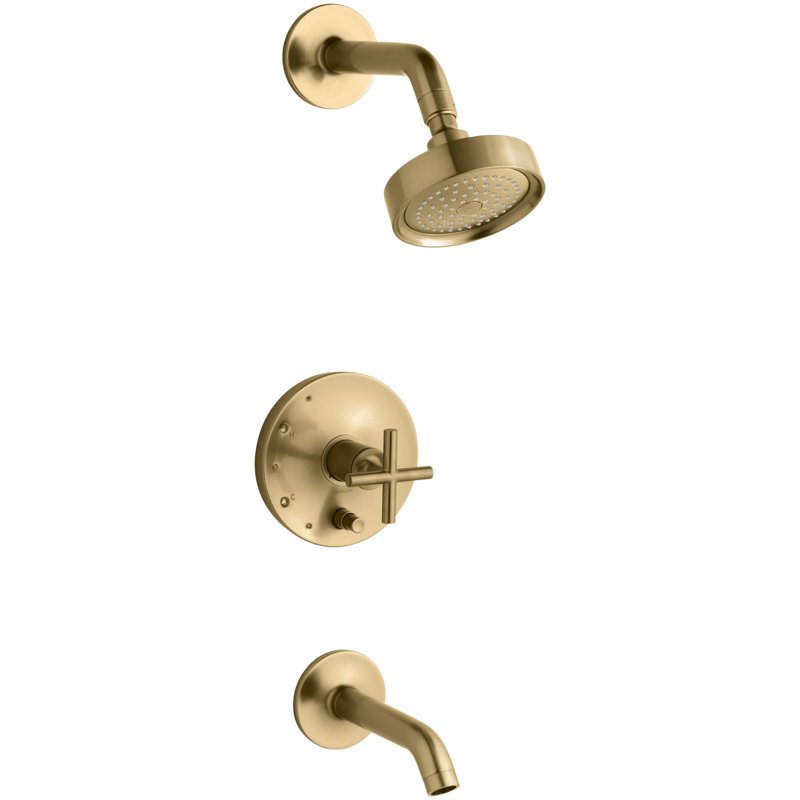 Purist Pressure-Balancing Thermostatic Tub and Shower Faucet, Vibrant Moderne Brushed Gold, Cross Handle, 2.5 GPM
