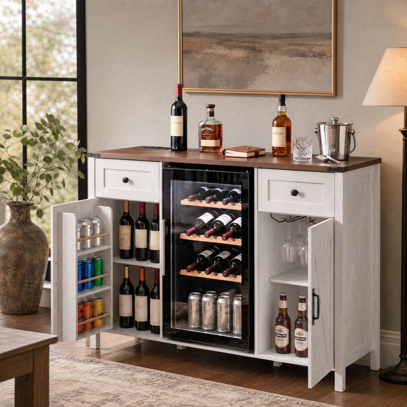 Armoire frigorifique 53,2 pouces avec prise de courant, mini armoire à vin avec 2 portes et 2 tiroirs, Blanc