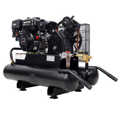 6.5 HP Gas Powered 10-Gallon Twin Tank Air Compressor with Flat-Free Tires, 143 PSI Horizontal Portable Wheelbarrow Style for Jobsite and Service Trucks