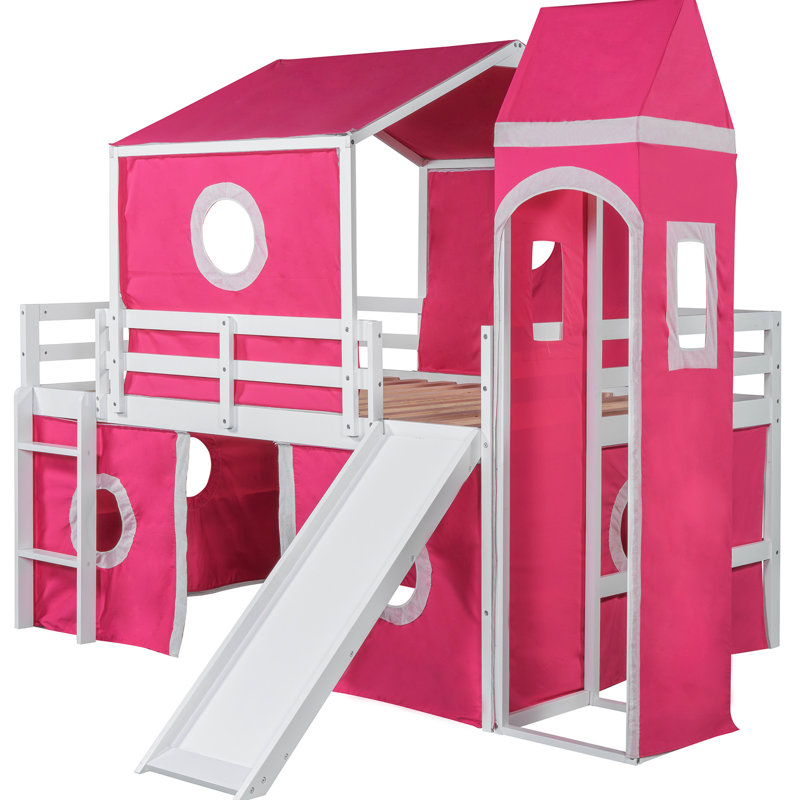 Lit mezzanine double rose avec glissoire, tour et tente de pin fermée, Full