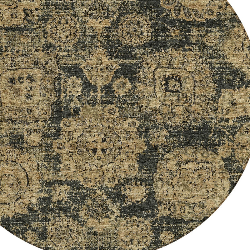 Tapis d'intérieur rond lavable floral anthracite 8 po doré et brun clair