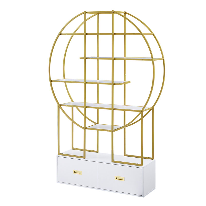 Modern 70.8 Inch Round Bookshelf With Two Drawers, Gold Trim Office Bookcase And White Tone