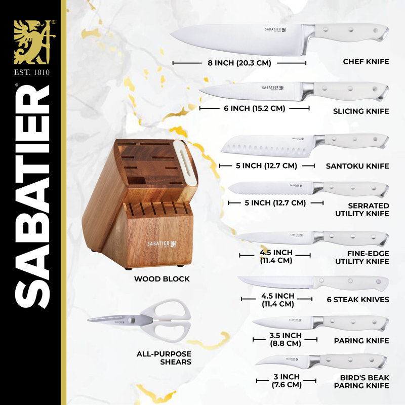 Sabatier Sabatier Acacia Forged Triple Rivet Edge keeper Knife Block Set, 15-Piece, White