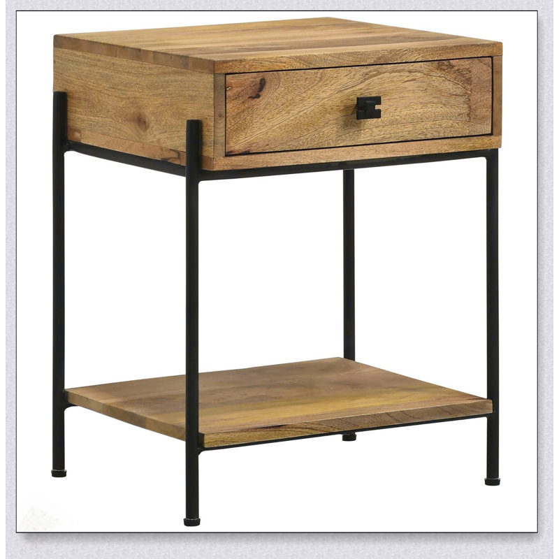Table d'appoint à 1 tiroir en bois de manguier naturel avec tablette inférieure, parfaite pour les intérieurs rustiques et modernes