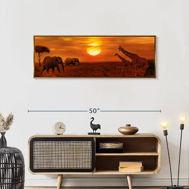Coucher de soleil africain, 46" X 16", Cadre flottant doré