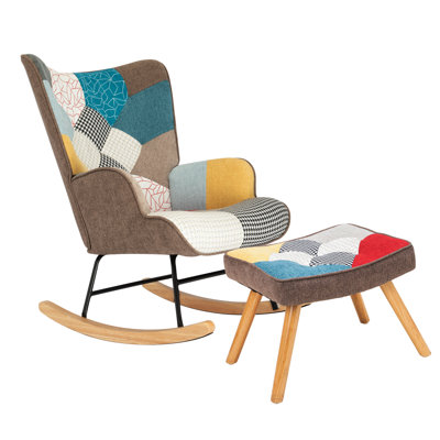 Mid-Century Fabric Rocking Chair with Ottoman and Wooden Legs in Patchwork Linen -  George Oliver, 77C656A7B1764EA68764EE81707B3536