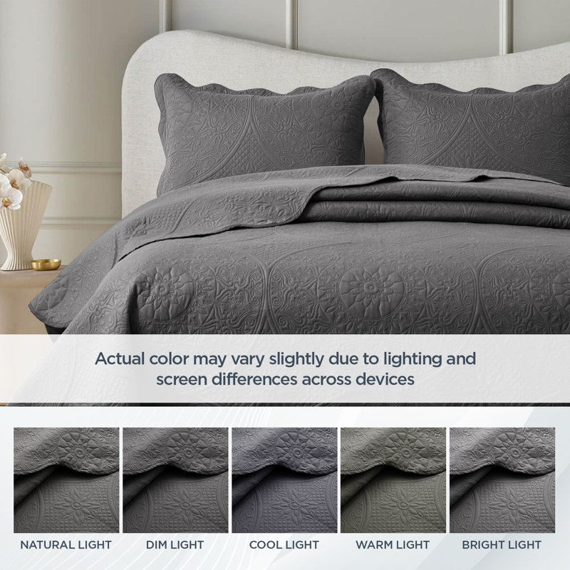 Elegant Floral Embossed Bedspread Set With Pillow Shams – Lightweight Quilted Bedding, Machine Washable, Charcoal