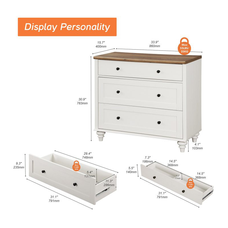 Scarlett 33.9'' W 3 - Drawer Dresser, White/Brown