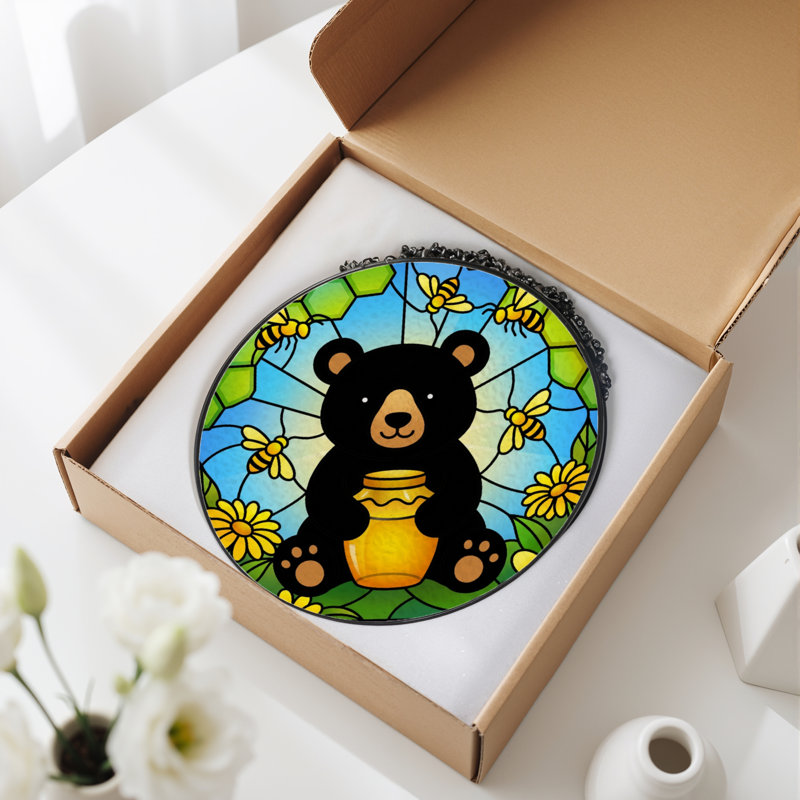 7.8"H Bear Hive Stained Glass Window Panel, 7.8" H x 7.8" W