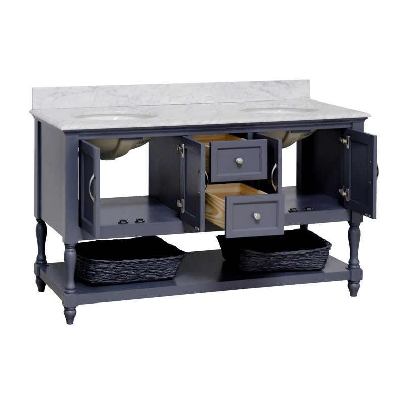 Hampton 60'' Double Bathroom Vanity with Top, Marine Grey, Carrara Marble