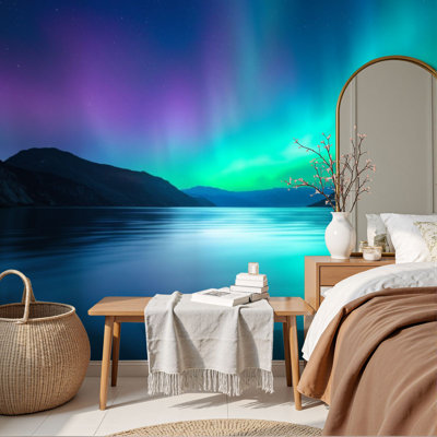 Papier peint adhésif autocollant paysage de paysage en eau réfléchissant H 69 po x l 96 po Aurora Borealis Snowy Mountain Peaks