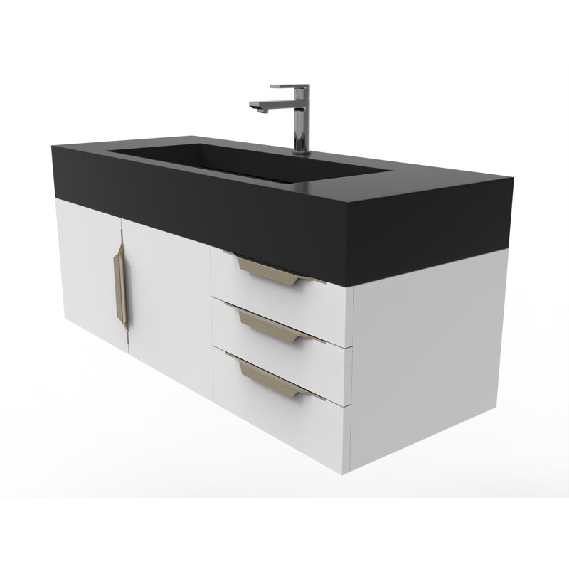 Ensemble de meuble-lavabo simple mural 48 po Nile, Noir, Blanc, Doré