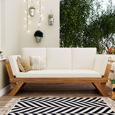 Adjustable Wooden Outdoor Reclining Chair With Natural Wood Grain And Beige Cushions, Ideal For Small Space Patios.