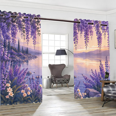 2 rideaux occultants avec œillets 2PCS, rideaux à imprimé paysage de lac Wisteria, isolation thermique, réduction du bruit, protection de la vie privée, traitement de fenêtre obscurcissant pour la chambre à coucher, cuisine, intérieur, décoration intérieure