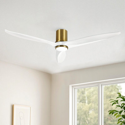 60" Modern Solid Wood Blade Flush Mount Ceiling Fan with LED Light and Remote