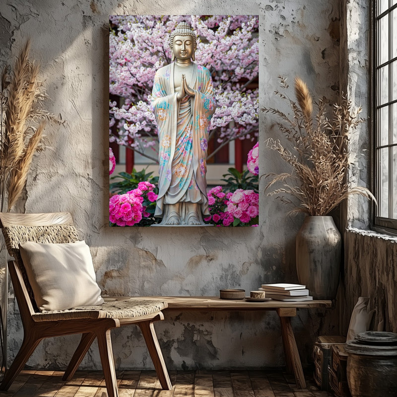 Toile, une statue sereine de Bouddha se dresse gracieusement au centre, drapée dans une robe fluide ornée d'une toile murale