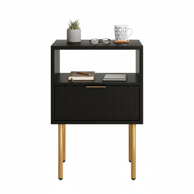 Mid-Century Modern Nightstand, Small Side Table with Storage Drawer & Open Wood Shelf for Bedroom Living Room