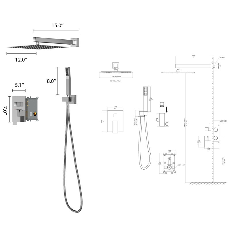 12" Wall-mounted Rain Shower System with Handheld Shower, Chrome Polished