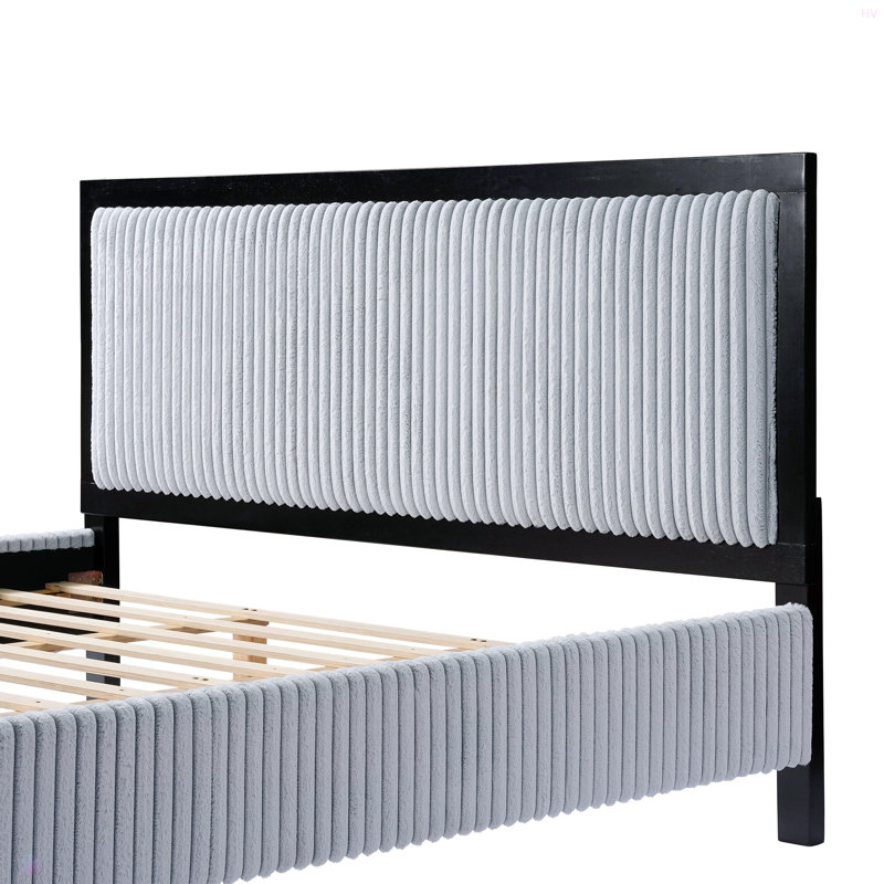 Lit rembourré avec tête de lit moelleuse, cadre gris et noir