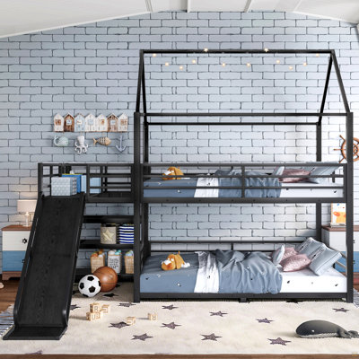 Full Metal House Bunk Bed With Storage Stairs, Slide, Safety Rails, Black