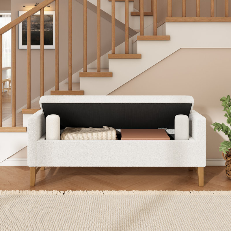 Lyndes Modern Upholstered Boucle Storage Benchn With Pillows And And Solid Wood Legs