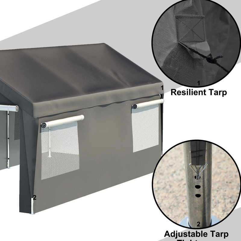 Abri d'auto robuste 10 X 20 pi - antirouille, fenêtres ventilées, tissu en métal galvanisé imperméable, parois latérales amovibles, structure stable