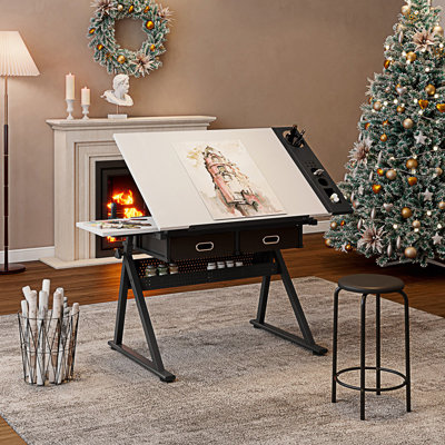 Adjustable Drawing Drafting Table Desk With 2 Drawers And Stool