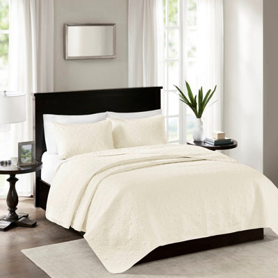Courtepointe pour lit simple / simple TG crème - rembourrage en coton réversible Motif classique pour une chambre à coucher intemporelle 3 pièces avec 2 taies décoratives Matelassage pré-lavé