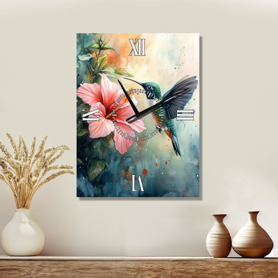 Horloge murale silencieuse en métal avec colibri et hibiscus - Impression sur métal