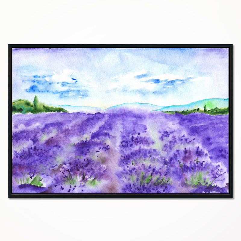 Champ de lavande - reproduction de peinture à l'aquarelle, H 16 po x l 32 po x P 1 po, Cadre flottant
