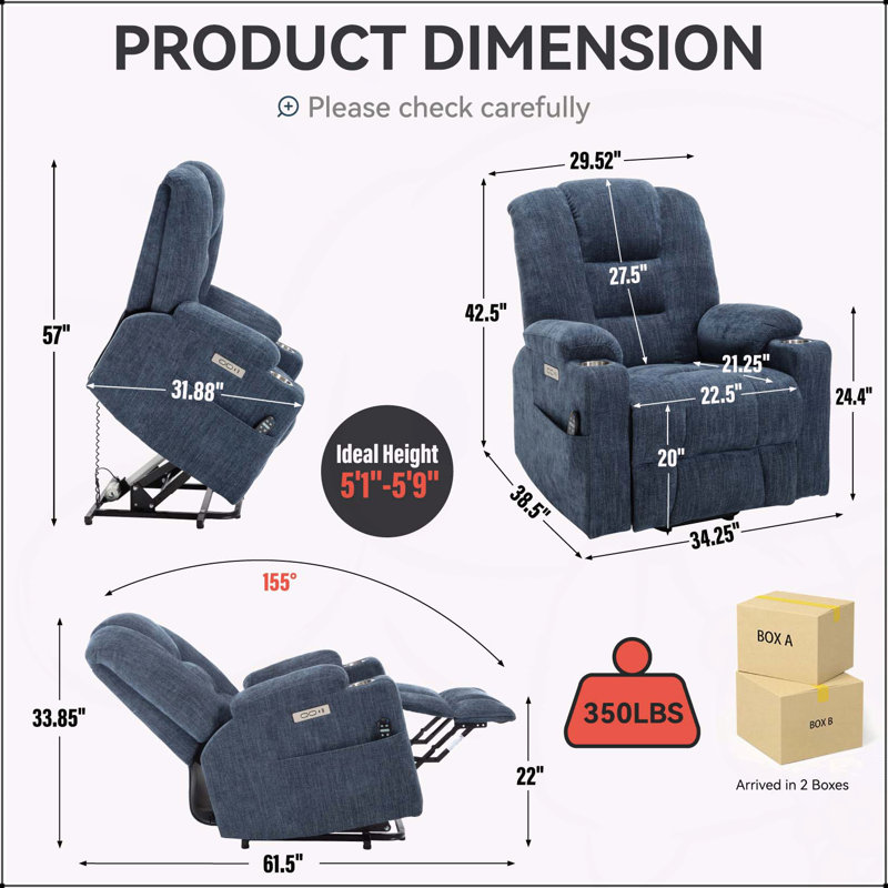 Power Lift Recliner Chair with Massage and Heat for Elderly, Overstuffed Wide Recliners, Heavy Duty Motion Mechanism with USB and Type C Ports, 2 Steel Cup Holders