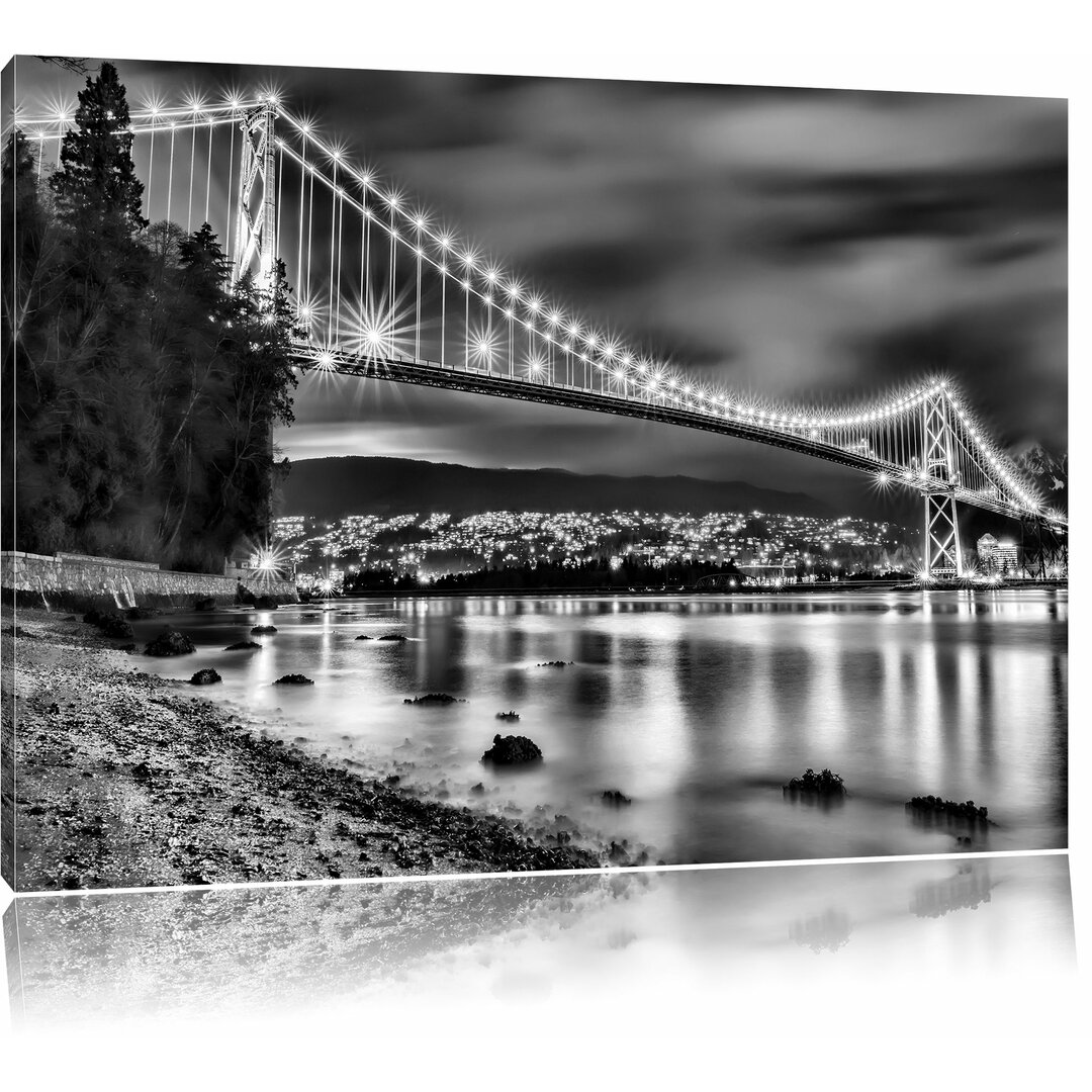 Leinwandbild Lions Gate Bridge in Vancouver bei Nacht in Monochrom