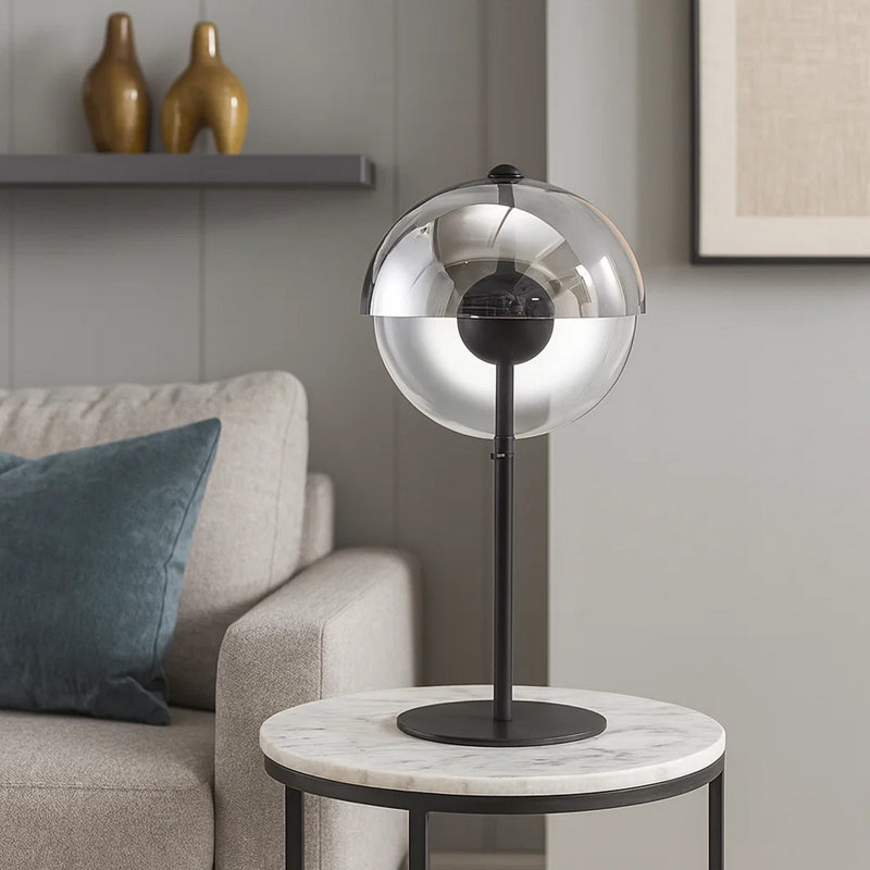Lampe de table 24 po, abat-jour rond en verre orbe métallique, noir