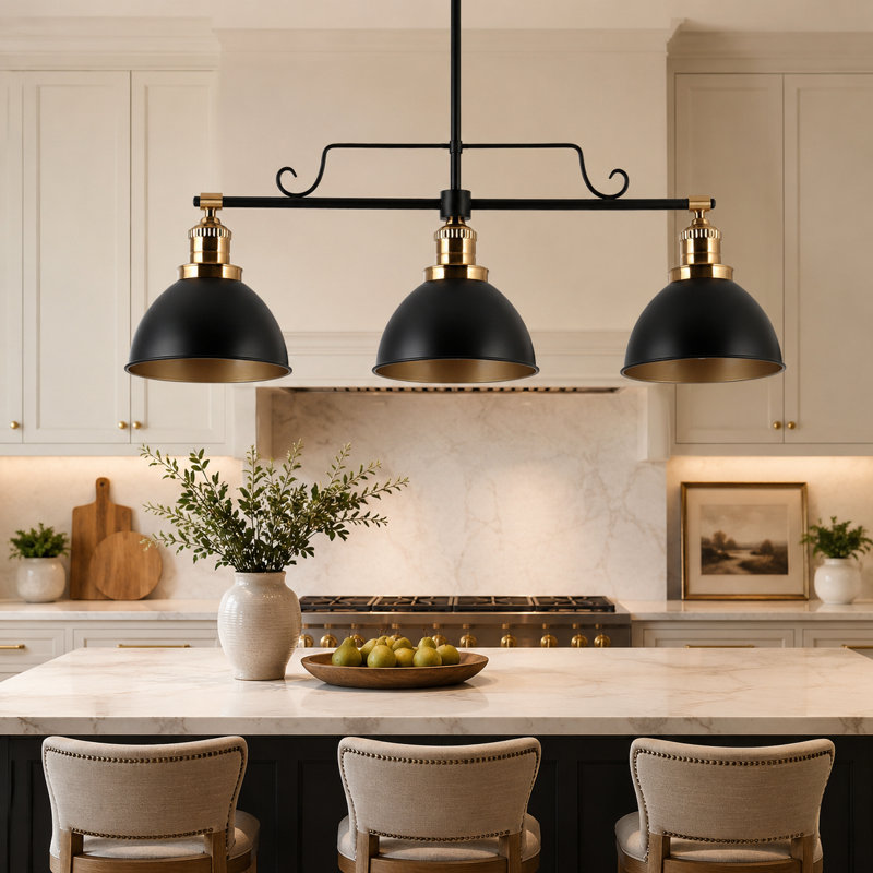 Mantasha 3-Light Modern Dome Kitchen Island Linear Pendant with Black Metal Shade