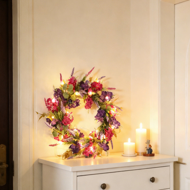 Couronne d'hortensia artificielle avec lumière, pour toutes les saisons, Blanc chaud