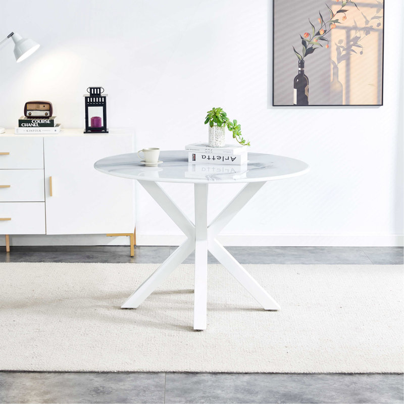 Table de salle à manger 42,1 "WHITE Mid-Century pour 4 à 6 personnes avec plateau rond en MDF, table de salle à manger sur pied