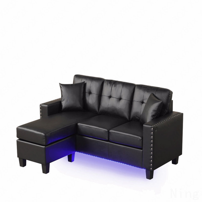 Sorrento 74"W Black Pvc Reversible Sectional Sofa Chaise With Led Light, Usb Port, Nailhead Trim, Throw Pillows, Tufted Cushion
