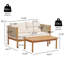 Ensemble de causeuse et de table basse d'extérieur avec structure en bois d'acacia d'aspect teck, panneaux de corde beige et coussins crème