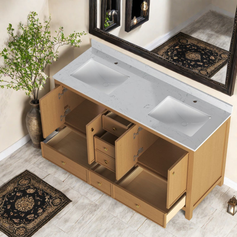 Meuble-lavabo double en bois de chêne durable avec rangement