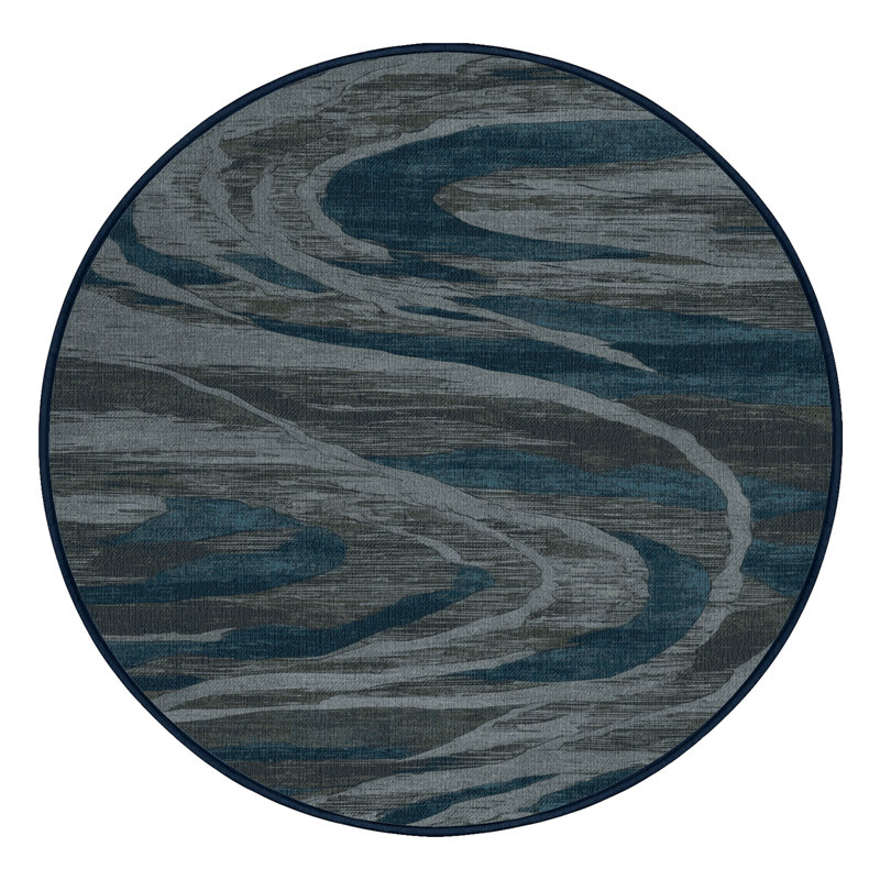 Tapis bleu abstrait lavable à la machine, Rond 7 pi