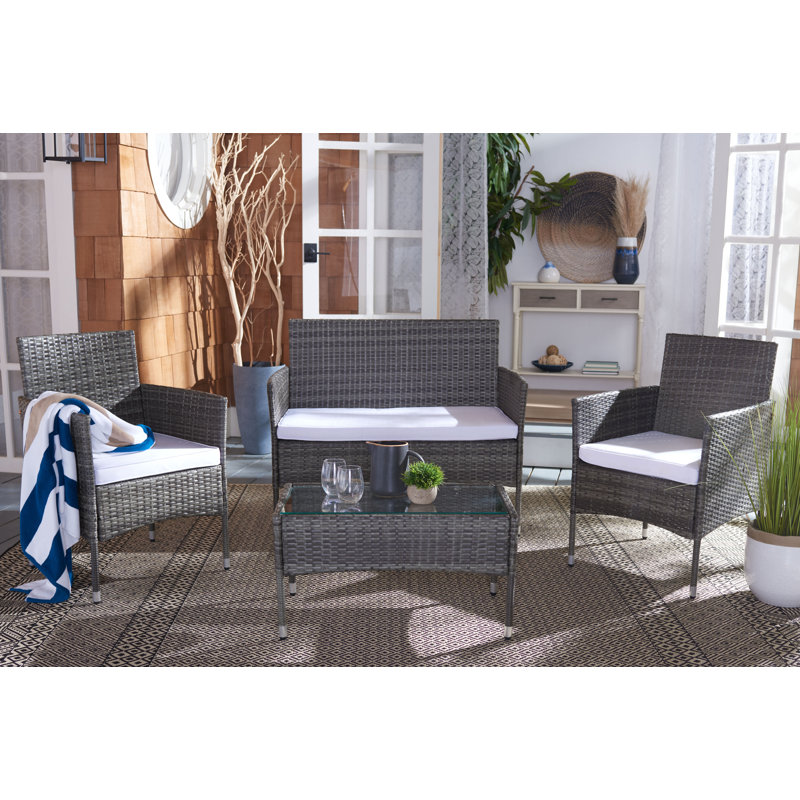 Ensemble de patio 4 pièces en rotin avec coussin, Cadre gris / coussin gris