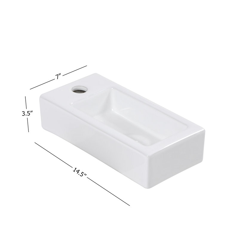 14.5" x 7" White Ceramic Wall-Mounted Bathroom Sink, Compact Rectangular Floating Vanity Basin with Single Faucet Hole for Small Bathrooms & Powder Room