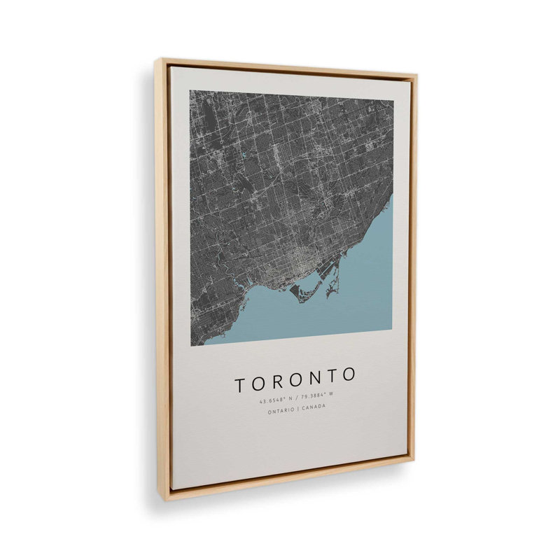 Toronto Street Map, reproduction d'art sur toile, Cadre flottant en érable américain, 12 po x 18 po