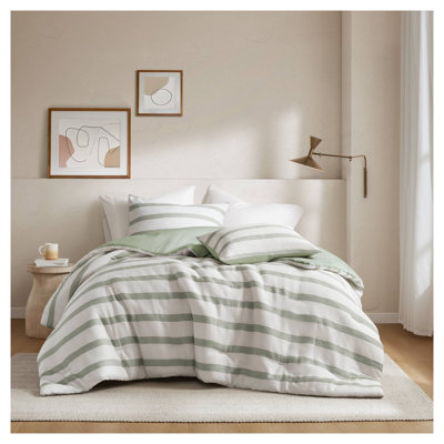 Ensemble d'édredon 3 pièces pour lit double / grand vert sauge - Literie toutes saisons teint en fil avec revers en microfibre douce
