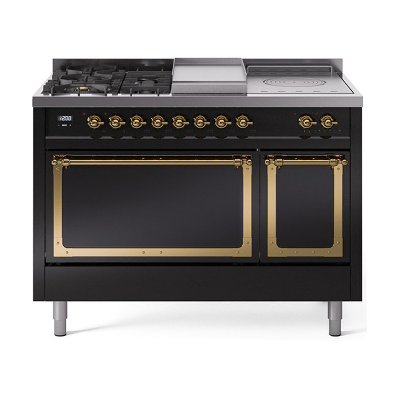 ILVE Nostalgie II Noblesse 48 in Dual Fuel Range, 5 Burner, Griddle, Frenchtop, Natural Gas, Glossy Black/Brass