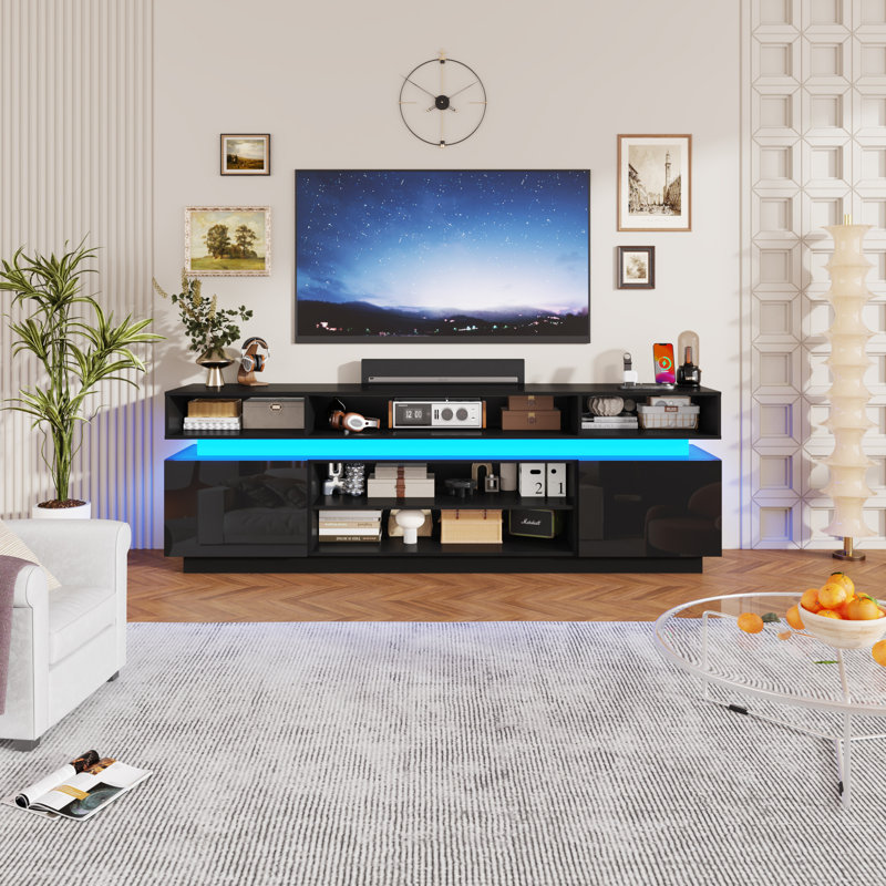 71 Inch High Gloss LED TV Stand with Power Outlets, Modern Tall Entertainment Center for TVs Up to 80 Inch, Gaming Media Console for Living Room