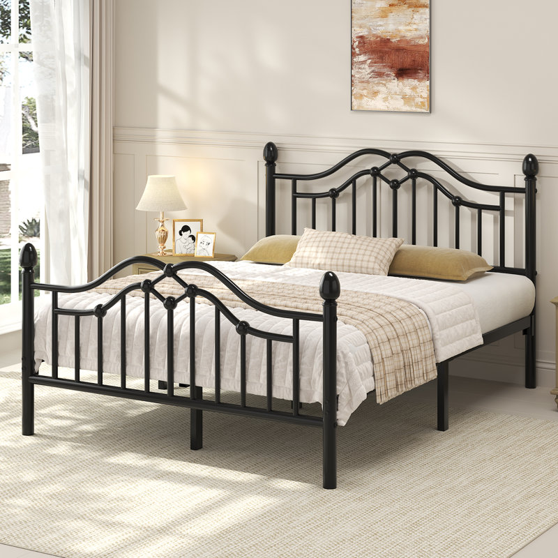 Queen Metal Platform Bed with Candle-Style Headboard and Footboard, Under-Bed Storage, Easy Assembly, Black, Black, Queen